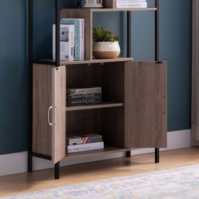 Six Shelf Modern Bookcase with Two Door Storage Cabinet with Two Shelves - Brown and Black Metal