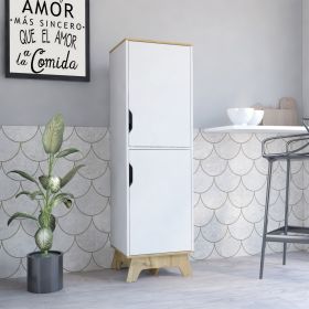 Pamplona Microwave Tall Cabinet Counter Surface; Top And Lower Double Doors Cabinets -Light Oak / White