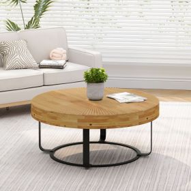Modern Round Coffee Table Wooden Carving Pattern Coffee Table with Metal Legs for Living Room Reception Room Office ,Black