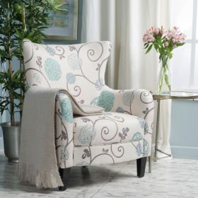 Elegant Vintage Fabric Club Chair, White and Blue Floral Pattern, Stylish Armchair for Classic Home Decor, Comfortable Seating for Relaxing Eveni