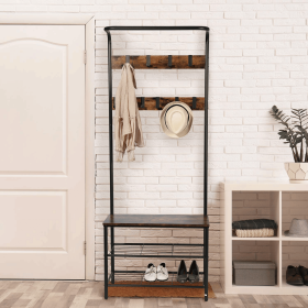 Rustic Brown 3-in-1 Hall Tree with Bench, Coat and Shoe Rack - Industrial Style, Adjustable Hooks, High-Capacity Storage for Entryway, Foyer, Mud