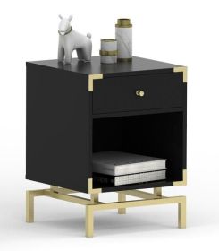 Black and Gold Night Stand Modern Wood End Table with Drawer and Storage Shelf for Bedroom, Metal Frame