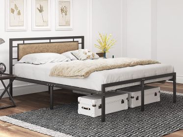 mecor Metal Queen Bed Frame with Upholstered Faux Leather Headboard, Vintage Rustic Brown Style, Platform Mattress Foundation