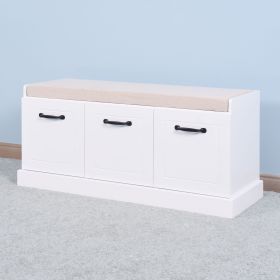 Wooden Entryway Shoe Cabinet Living Room Storage Bench with White Cushion