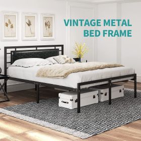 mecor Queen Bed Frame with Black Faux Leather Headboard, Vintage Metal Platform Mattress Foundation, Strong Metal Slats Support
