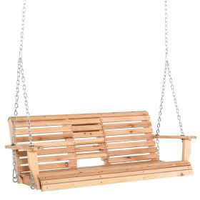 Outsunny 3-Seater Wooden Porch Swing, Patio Swing Bench with Folding Coffee Table, Cup Holders and Chains Included, 440lbs Weight Capacity, Natur