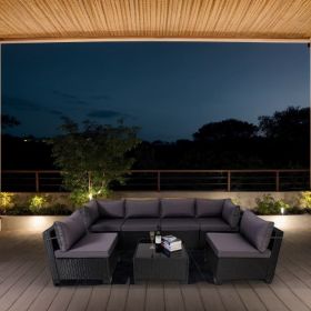 7-Piece Outdoor Patio Furniture Sets, All-Weather Wicker Rattan Sectional Sofa, Modern One Glass Coffee Table and Washable Seat Cushion (Black+Gr