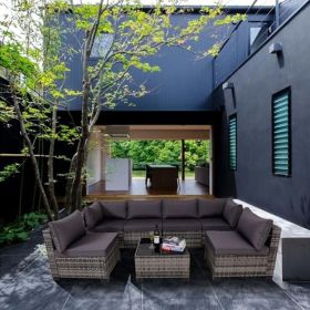 7-Piece Outdoor Patio Furniture Sets, All-Weather Wicker Rattan Sectional Sofa, Modern One Glass Coffee Table and Washable Seat Cushion (Gray)