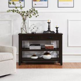 Retro Design Console Table with Two Open Shelves, Pine Solid Wood Frame and Legs for Living Room