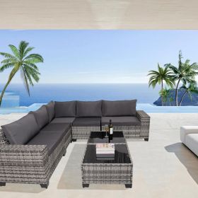 7-Piece Outdoor Patio Furniture Sets, All-Weather Wicker Rattan Sectional Sofa, Modern Two Glass Coffee Table and Washable Seat Cushion (Grey)
