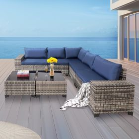 7-Piece Outdoor Patio Furniture Sets, All-Weather Wicker Rattan Sectional Sofa, Modern Two Glass Coffee Table and Washable Seat Cushion(Grey Blue