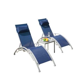 Pool Lounge Chairs Set of 3, Adjustable Aluminum Outdoor Chaise Lounge Chairs with Metal Side Table, All Weather for Deck Lawn Poolside Backyard