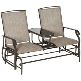 Outsunny Outdoor Glider Bench with Center Table, Metal Frame Patio Loveseat with Breathable Mesh Fabric and Armrests for Backyard Garden Porch, B