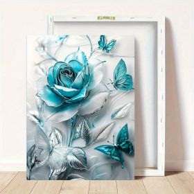 Elegant Turquoise Blue Crystal Rose & Teal Butterflies Canvas Wall Art With Wooden Frame - Classic Decorative Poster For Living Room, Bedroom, Ho (Option: 32X24inch)