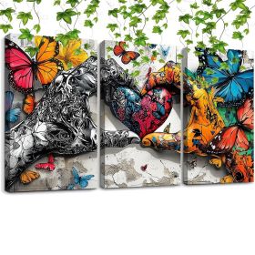 Framed 3pcs Graffiti Holding Hands Love Heart Canvas Wall Art Fashion Love Poster Painting Prints For Home Dining Room Living Room Wall Decor Art (Option: 32X16inch)