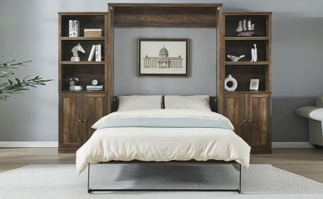 Queen Size Half Self-Close and Open Murphy Bed with 2 Side Cabinet Storage Shelf, Cabinet Space-Saving Bed Perfect for Guest Room, Bed Room (Color: as Pic)