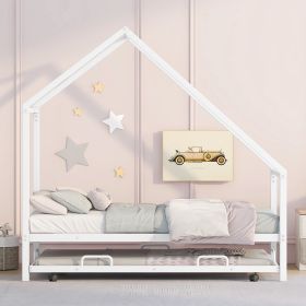 Metal House Bed With Trundle;  Twin Size House Bed (Color: White)