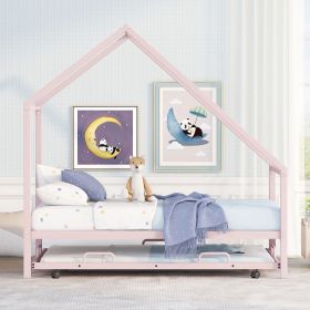 Metal House Bed With Trundle;  Twin Size House Bed (Color: Pink)