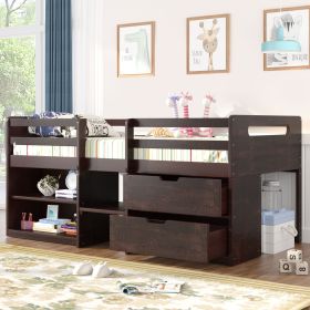 Twin size Loft Bed with Two Shelves and Two drawers (Color: Antique Espresso)