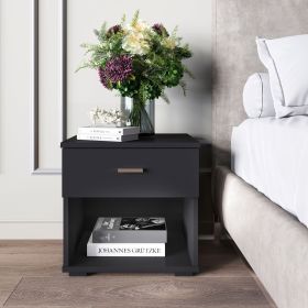 Single drawer bedside table for home; simple style. (Color: Black, Material: Hardwood, Medium Density Fiberboard)