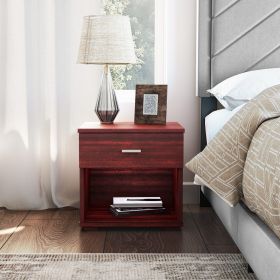 Single drawer bedside table for home; simple style. (Color: Cherry, Material: Hardwood, Medium Density Fiberboard)