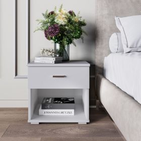 Single drawer bedside table for home; simple style. (Color: White, Material: Hardwood, Medium Density Fiberboard)