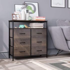 6 Drawer Dresser for Bedroom; Modern Storage Cabinet Bedroom Nightstand with 6 Foldable Fabric Drawers; Rustic Brown Finish (Color: Dark Brown, Material: Wood)