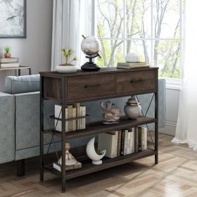 Console Table with Drawers; Rustic Hallway Table with Storage Shelves; Narrow Sofa Entryway Table for Living Room (Color: Dark Brown, Material: Particle Board/Chipboard)