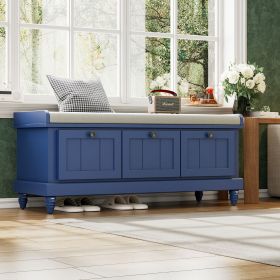 Classic Storage Bench with Cushioned Seat and Three Drawers for Entryway and Living Room (Color: Navy blue, Material: MDF)