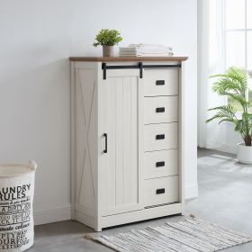 5 Drawers Dresser w/Sliding Barn Door, Farmhouse Modern Tall Dresser 5 Chest of Drawers, Storage Organizer Dresser for Bedroom, Hallway, Living R (Color: White, Material: MDF+Metal)