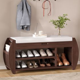 Retro Multifunctional Storage Bench with Cushion and Curved Side Panel for Entrance and Living Room (Color: Espresso, Material: MDF)