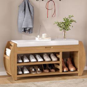 Retro Multifunctional Storage Bench with Cushion and Curved Side Panel for Entrance and Living Room (Color: Natural, Material: MDF)