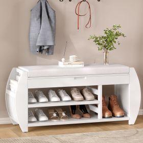 Retro Multifunctional Storage Bench with Cushion and Curved Side Panel for Entrance and Living Room (Color: Antique White, Material: MDF)