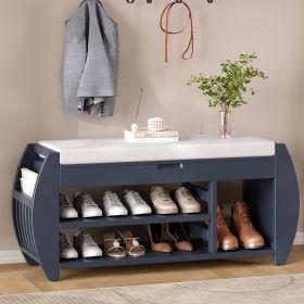 Retro Multifunctional Storage Bench with Cushion and Curved Side Panel for Entrance and Living Room (Color: Antique Navy, Material: MDF)