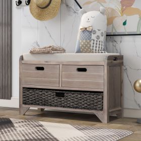 Storage Bench with Removable Basket and 2 Drawers,Fully Assembled Shoe Bench with Removable Cushion (Color: White Washed, Material: Solid Wood)