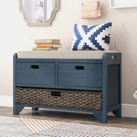 Storage Bench with Removable Basket and 2 Drawers,Fully Assembled Shoe Bench with Removable Cushion (Color: Navy, Material: Solid Wood)