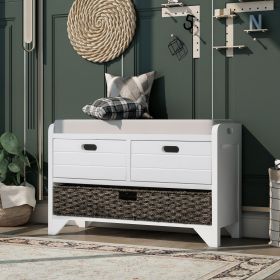 Storage Bench with Removable Basket and 2 Drawers,Fully Assembled Shoe Bench with Removable Cushion (Color: White, Material: Solid Wood)