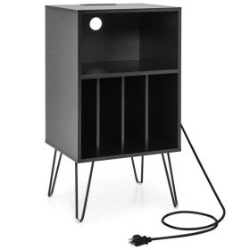 Record Player Stand with Charging Station for Living Room Bedroom (Color: Black)