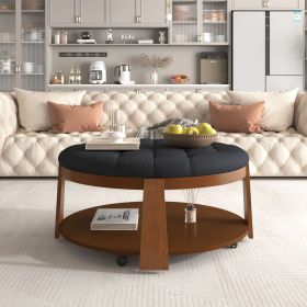 Modern Large Round Ottoman Coffee Table 2-Tier Oversized Button Tufted Ottoman with Wood Shelf Storage Upholstered Coffee Table for Living Room F (Color: Black+Brown, Material: Rubber Wood)