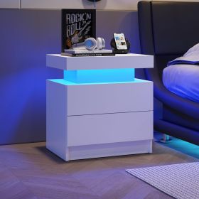 Modern Black LED Nightstand with Led Lights Bedside table with 2 High Gloss Drawers for Bedroom (Color: White, Material: Particle Board)