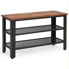 3-Tier Industrial Shoe Rack Bench with Storage Shelves (Color: Brown)