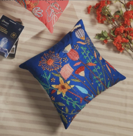 Cotton Embroidered Decor Cushion-Pink-18 X 18 Inch (Color: Blue)